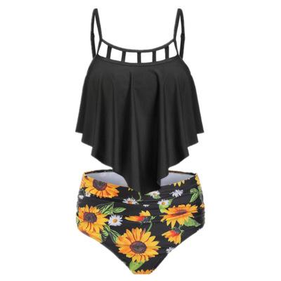 China 2020 Nylon And Spandex Sunflower Print Ruffled Waist Bikini Top Cover Up Ladies Swimsuit for sale