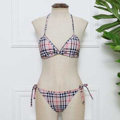 China POLYESTER/NYLON Designer Plaid Burrberry Thong Bikini Swimwear Women 2021 for sale