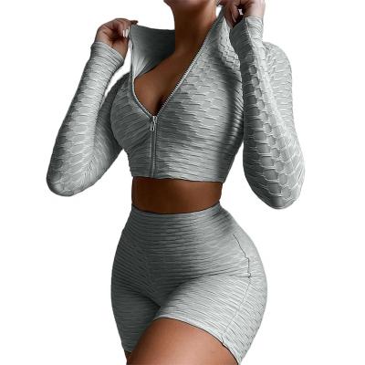 China Plus Size Summer Women New 2 Piece Long Sleeve Zipper Sports Crop Top Yoga Set Fitness Crop Top Set for sale