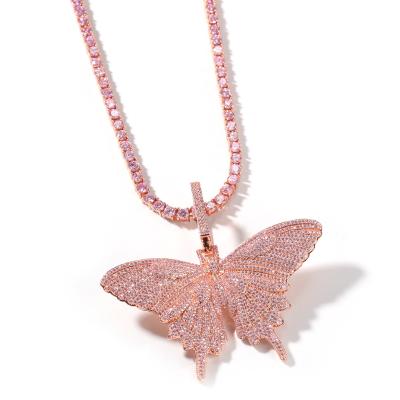 China Large Zircon Romantic Hot Pink Butterfly Style Pendant Necklace For Women And Men for sale