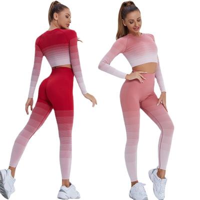 China RTS Fashion Gradient Color Breathable Wholesale Sports Suit Daily Running Gym Fitness Set Comfort And Soft Workout Shaping Tight Yoga Sets for sale