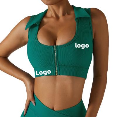 China RTS High Print Custom Logo Front Zip Wholesale Sports Back Breathable Bra Ribbed Yoga Bra For Women for sale