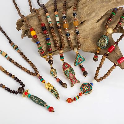 China Handmade Necklace Geometric Ethnic Buddhist Men Women Statement Jewelry Mala Strand Wood Beads Pendant From Vintage Nepal And Long Necklace for sale