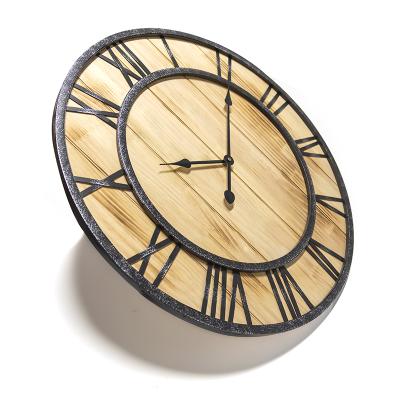 China Antique Style 24 Inch Large Round Shape Modern Wall Mounted Metal And Wood Silent Wall Clocks for sale