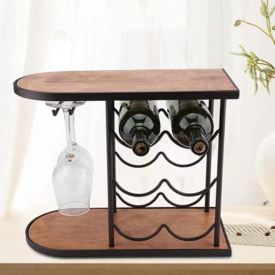 China Modern Wall Mount Style Wood And Metal Wine Display Racks 6 Bottle Holder Wine Rack With Glass Rack for sale