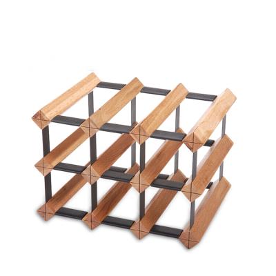 China Popular Selling Modern 9 Bottle Dark Brown Solid Wood and Metal Wine Rack for sale