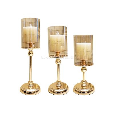 China Weddings Party and Gold Luxury Wooden Glass Decorations Hot Sale Wedding Hotel Table Centerpieces Metal Crystal Candle Holder for sale