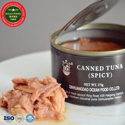 China Instant Fish Canned Tunas Small Spicy Canned Tuna 175g Tin for sale