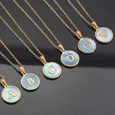 China TRENDY Hot Sales 18K Gold Plated Stainless Steel Round Blue Shell Alphabet Initial Coin Pendant Necklace Initial Necklace for sale