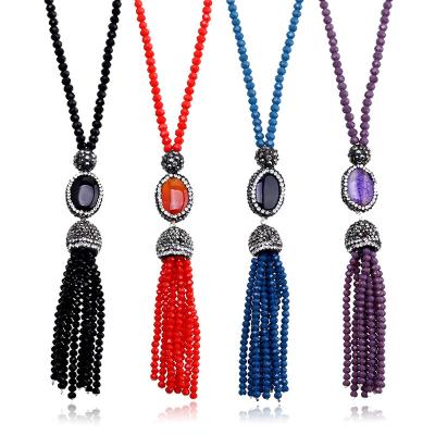 China 2022 New Vintage Rainbow Crystal Beaded Tassel Pendants Long Bohemian Necklace For Women for sale