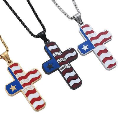 China Hot Sales USA Flag Pattern Box Chain Necklaces 18k Colorful Gold Plated Stainless Steel Cross Pendant Necklace For Men for sale