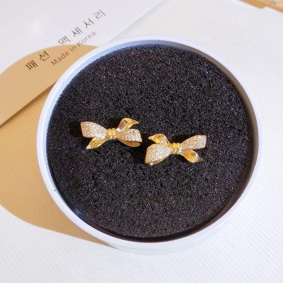 China S925 Sterling Silver Post Micro Pave CZ Bow Tie Earrings 18K Lead Free Nickel Free Gold Plated Butterfly Earrings for sale