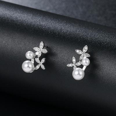 China Lead Free Nickel Free CZ Pearl Stud Earrings S925 Cubic Zirconia Stud Earrings Exquisite Luxury Sparkle Silver Dangle Earrings for sale