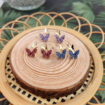 China Color Lead Free Nickel Free Diamond Butterfly Stud Earrings Fashion Bling Rhinestone Crystal Butterfly Earring for sale