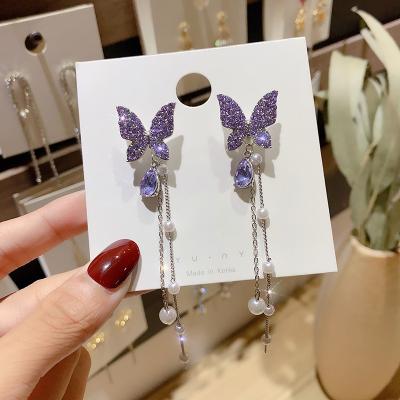 China Vintage S925 Fashionable Needle Point Rhinestone Purple Butterfly Dangle Earrings Crystal Pearl Butterfly Tassel Earrings for sale