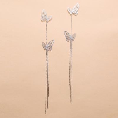 China Vintage Hot Sales Silver Plated Butterfly Tassel Stud Earrings Retro Punk Statement Long Dangle Earrings for sale