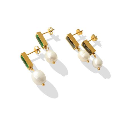 China FASHIONABLE Gold Plated Zircon Stone Pearl Stud Dangle Earrings Vintage Stainless Steel Charm Pearl Zirconia Earring Jewelry 18k for sale