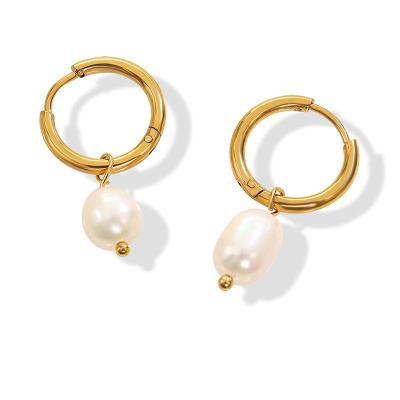 China Lead Free Nickel Free 18k Gold Plated Small Hoop Stainless Steel Clip Hoop Earrings Natural Freshwater Pearl Drop Earrings for sale