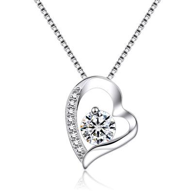 China New Arrival 925 Sterling Silver Plated Crystal Rhinestone Clear Heart Pendant Necklace Lead Free Nickel Free Zircon Love Heart Necklace for sale