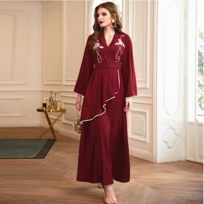 China Hairball Pearl Beaded Long Dress 2022 New Launched Muslim Summer Floral Wrapped Floral Abaya Red Muslim Dresses Dubai Women Abaya Wholesale for sale