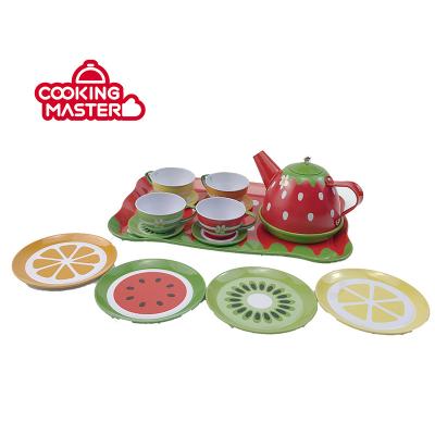 China Play kitchen set 2019 tinplate fruit printing metal toy tin tea hot sale gift set packaging made in china kitchen toys for sale