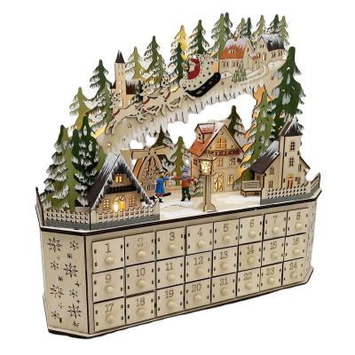 China Eco-friendly Wooden LED Light Up With Laser Cut Christmas Village Scene With Music Lighting For Decorative Christmas Lights for sale