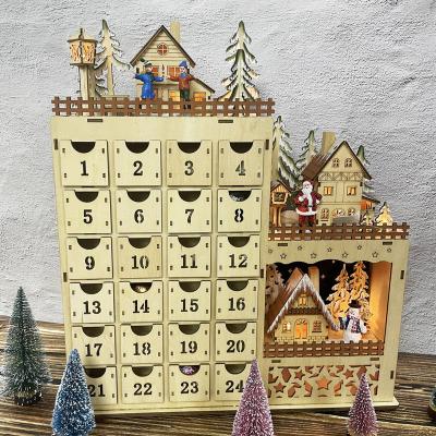 China Chirstmas Decor Wholesale Laser Cut Plywood Advent Calendar With 24 Shooters Christmas Decoration Snow Scene With LED Lights For Christmas Eve for sale