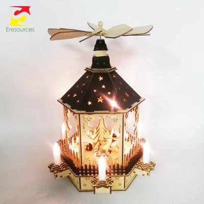 China With 6 Candle Holders Christmas Decoration Wooden Laser Cut Pyramid With Turntable Led 6 Candle Holders for sale