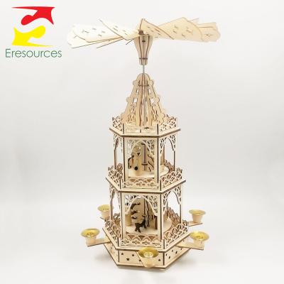 China Traditional 3 Layers Decorative Materials Nativity Christmas Pyramid Wooden Craft With 6 Candle Holders for sale