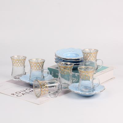 China Sustainable Eco Friendly Glass Porcelain Tea Tableware Transparent Cups And Saucers Blue Set for sale