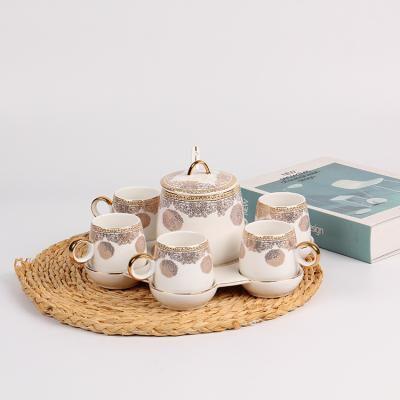 China Ceramic Viable Porcelain Coffee 90cc Teapot Spoon Cups Gold Handle 9pcs White Tea Set for sale