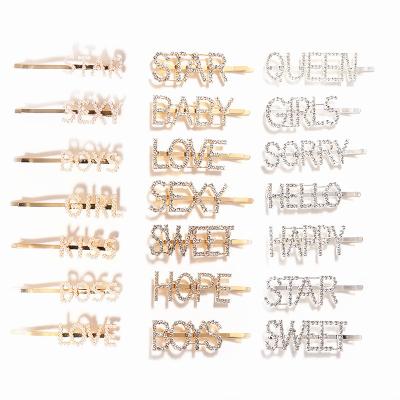 China Crystal Letter Bobby Pin Hair Pin Hair Clip Wholesale Fashion Metal Hair Claw Hair Clip Custom Girls Hair Accessories Single Clip for sale