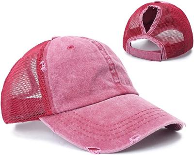 China breathable & Wholesale Waterproof Washed Baseball Hat Mesh Baseball Cap Women Ponytail Cotton Mesh Trucker Caps for sale