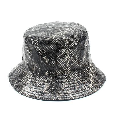 China New Hip Hop Snake Pattern PU Bucket Hat Street Trend Wear Unisex Hip Hop Both Sides Travel Hat for sale