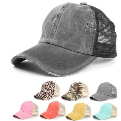 China COMMON Washed Cowboy Baseball Cap Leopard Pattern Camouflage Brim Net Hat Women Grinding Ponytail for sale