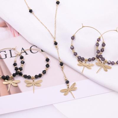 China High Quality Jewelry Set Wholesale High Quality Dragonfly Dangling Round Earrings Necklace Gold Plated Stainless Steel Suit For Women for sale