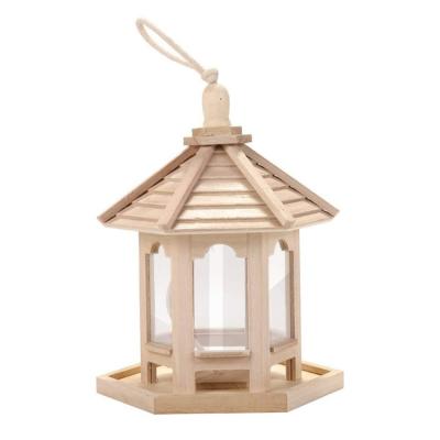 China Breathable Hanger Garden Yard Hexagon Shaped Wooden Bird Perch Roof Woodpecker Bird Feeder for sale