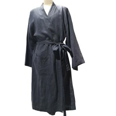 China Factory wholesale breathable 100% prewashed long linen robe home wear with belt for sale