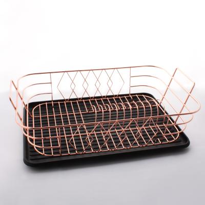 China Kitchen Metal Dish Drainers For Kitchen Countertop With Drainer Set Dish Drying Rack Rose Golden for sale