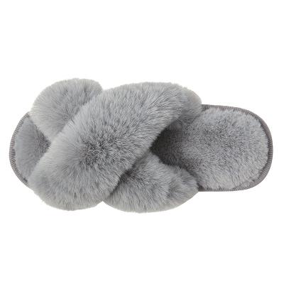 China Women Indoor Rabbit Fur Slippers Plush Winter Warmth Plush Cross Clog Belt Clog Breathable Cotton Slipper for sale