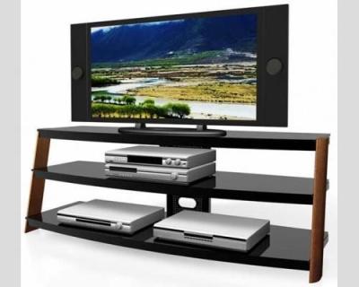 China Wooden TV Media Stand HA-883W Black Powder Coated Metal Solid Wood Leg , TV Stand with shleves for sale