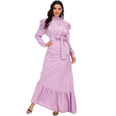 China Ethnic Female Maxi Dress With Belt Modest Fashion Muslim Turkish Islamic Clothing With Belt Ruffles Slim Fit Women Dress Dubai Abaya for sale