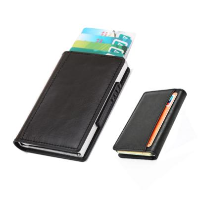 China Slim Durable RFID Blocking PU Aluminum Business Card Holder Case Automatic Noise Blocking Credit ID Card Wallet for sale