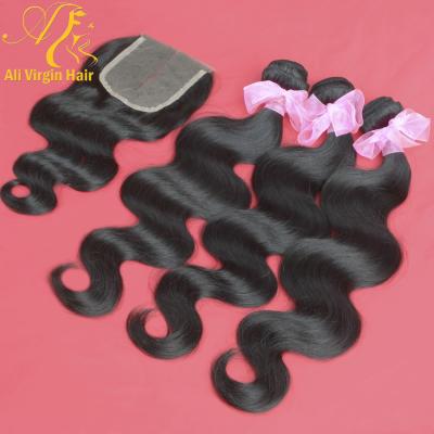 China Can Be Dyed/Can Be Weave Human Brazilian Wavy Unprocessed 4Pcs/lot Permed Virgin Hair Free Shipping With Closure,3pcs Hair Weft+1pc Lace Closure for sale