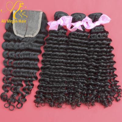 China Can Be Dyed/Can Be Permed Lace Closure With Bundles Deep Curly Weave Brazilian Virgin Hair With Drawn Weft Brazilian Double Closure Curly Hair 4pcs/lot for sale