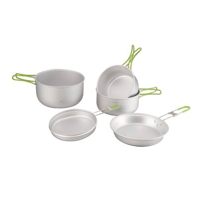 China Sustainable Hot Sale Camping Mess Kit Aluminum Cookware Set With Foldable Handle for sale