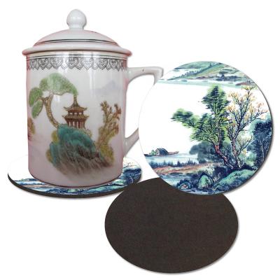 China Landscape Painting Sustainable Paper Coaster With Lamination Round Cup Coaster With Eva Material for sale