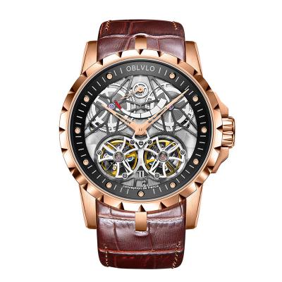 China Water Resistant Oblvlo Customized Logo Famous Brand Luxury Men Skeleton Automatic Flywheel Leather Wrist Sport Mechanical Watches for sale