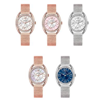 China Power Reserve Oblvlo OEM Support Customization Japan Movt Popular Diamond Inlaid Watch Mesh Belt Women Quartz Watch for sale