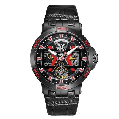 China Water Resistant Oblvlo Sport Skeleton Luminous Military Automatic For Men Steel Case Leather Strap Waterproof Mechanical Watches for sale